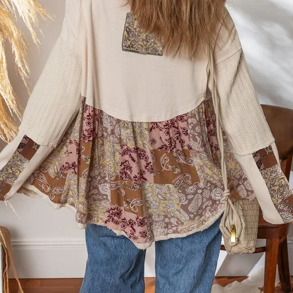 B296 Beige Paisley Print Waffle Patchwork Long Sleeve Loose Top - Picture 5 of 5